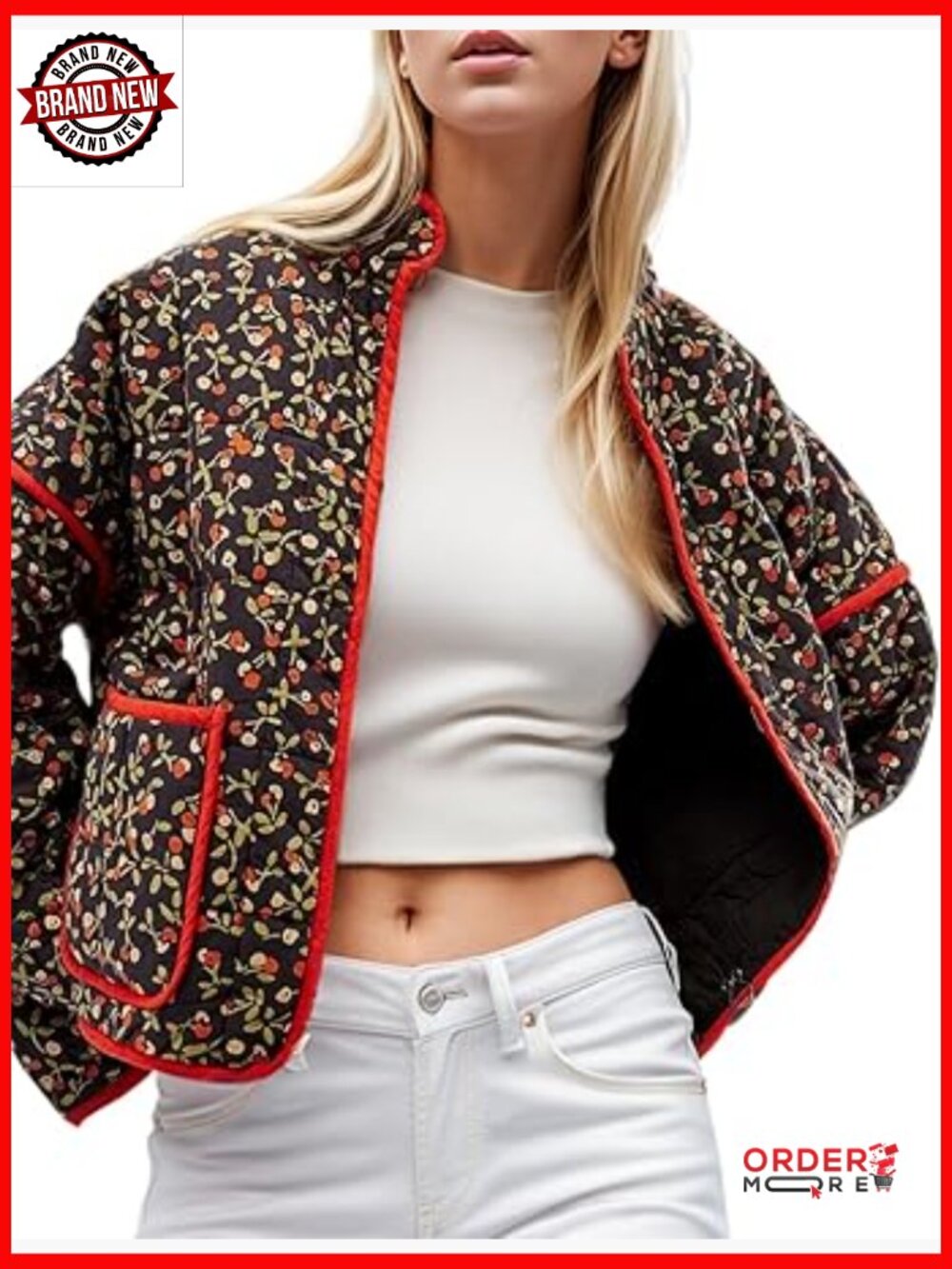 Women's Cropped Quilted Puffer Jacket Floral Print Lightweight Short Outerwear